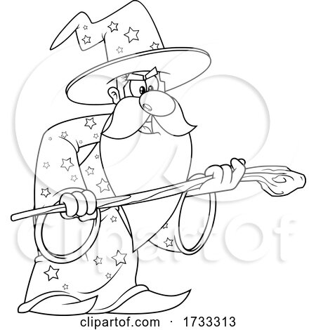 Black and White Wizard Holding a Cane by Hit Toon