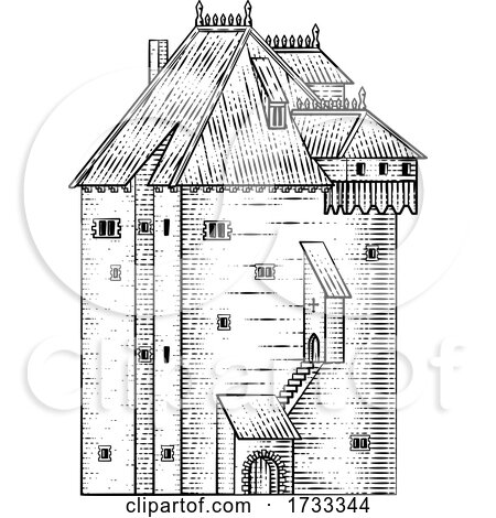Old Medieval Castle Building Vintage Woodcut Style by AtStockIllustration