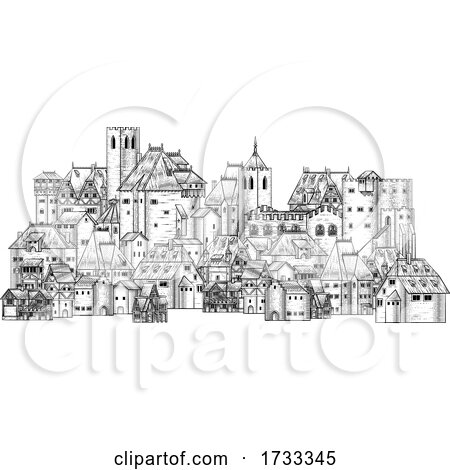 Old Medieval Town City Village Vintage Woodcut by AtStockIllustration