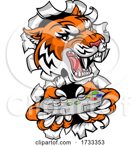 Tiger Gamer Video Game Controller Cartoon Mascot by AtStockIllustration