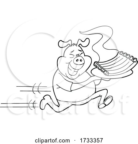 Outline Black and White Running Pig Delivering Ribs by LaffToon