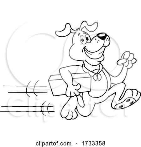 Outline Black and White Running Delivery Dog with a Package by LaffToon