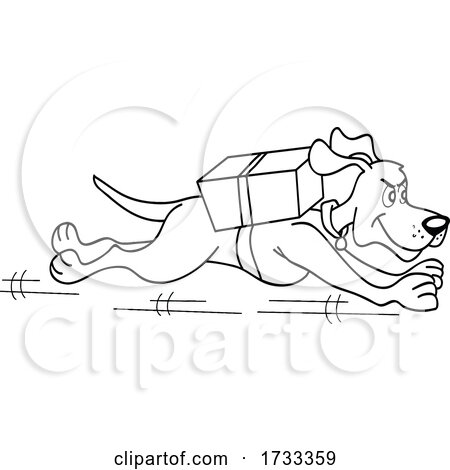 Outline Black and White Running Dog with a Delivery Package on His Back by LaffToon