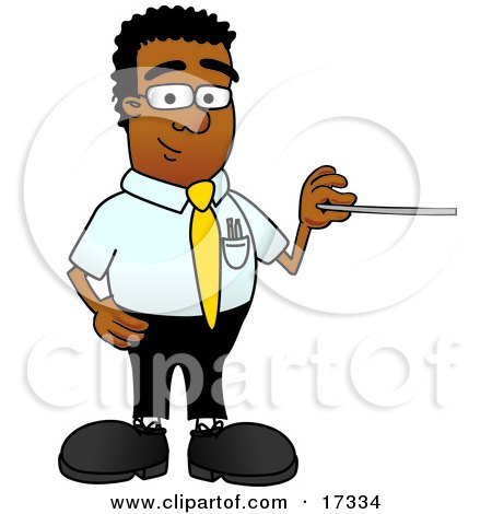 Clipart Picture of a Black Businessman Mascot Cartoon Character Holding a Pointer Stick by Mascot Junction