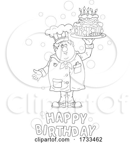 Black and White Happy Birthday Greeting and Chef Holding a Cake by Alex Bannykh