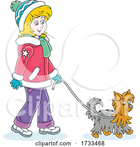 Happy Woman Dressed for the Winter and Walking a Yorkie Dog by Alex Bannykh