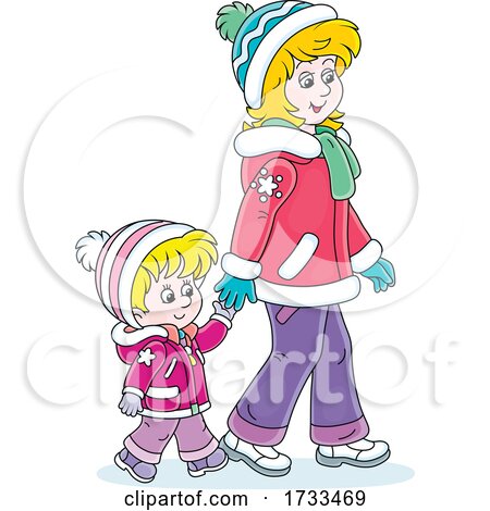 Happy Mother and Daughter Holding Hands and Taking a Winter Walk by Alex Bannykh