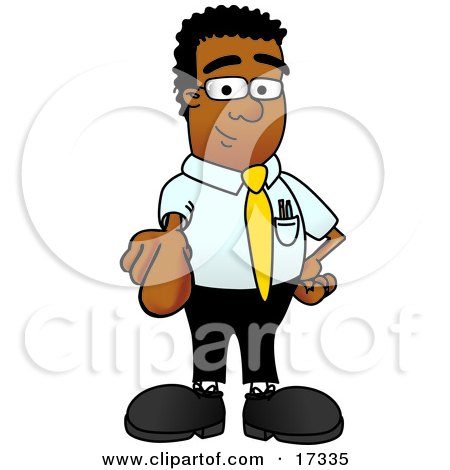 Clipart Picture of a Black Businessman Mascot Cartoon Character Pointing at the Viewer by Mascot Junction