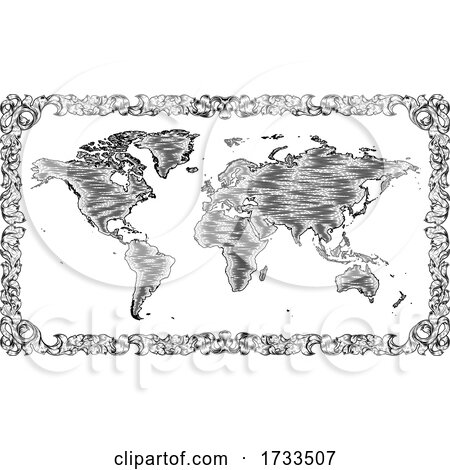 World Map Drawing Old Woodcut Engraved Style by AtStockIllustration