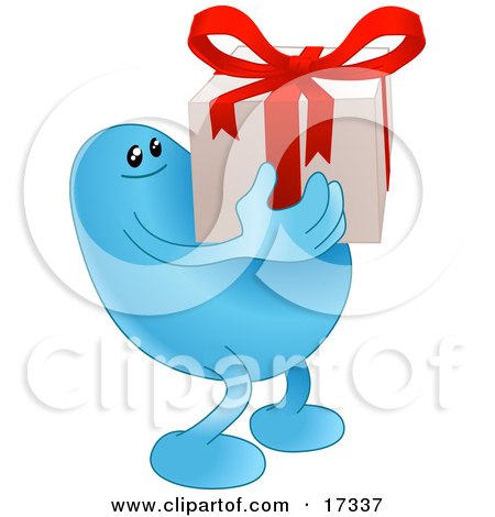 Blue Bean Character Carrying A Nicely Wrapped Christmas Or Birthday Gift With A Red Bow And Ribbon Clipart Illustration by AtStockIllustration