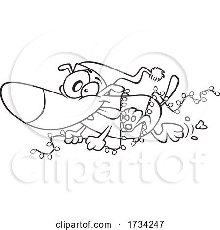 Clipart Lineart Cartoon Christmas Dog Running with Lights by toonaday