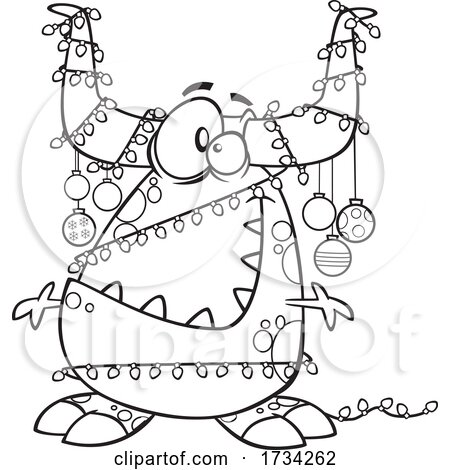 Clipart Lineart Cartoon Christmas Monster Decorated in Baubles and Lights by toonaday