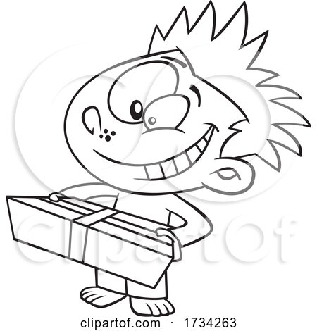 Clipart Black and White Cartoon Boy Holding a Gift on Christmas Morning by toonaday