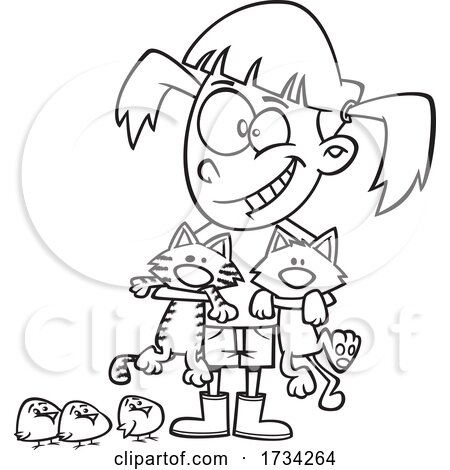 Clipart Lineart Cartoon Girl with Chicks and Cats by toonaday
