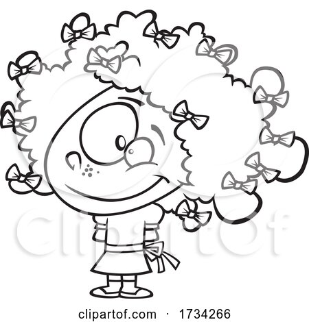Clipart Lineart Cartoon Girl with Bows in Her Curly Hair by toonaday