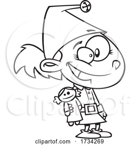 Clipart Lineart Cartoon Elf Girl with a Doll by toonaday