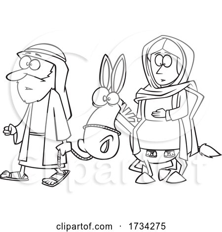 Clipart Lineart Cartoon Joseph and Mary with a Donkey by toonaday
