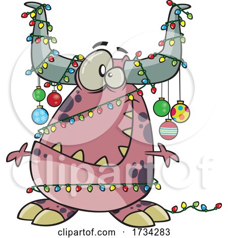 Clipart Cartoon Christmas Monster Decorated in Baubles and Lights by toonaday