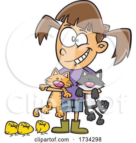 Clipart Cartoon Girl with Chicks and Cats by toonaday