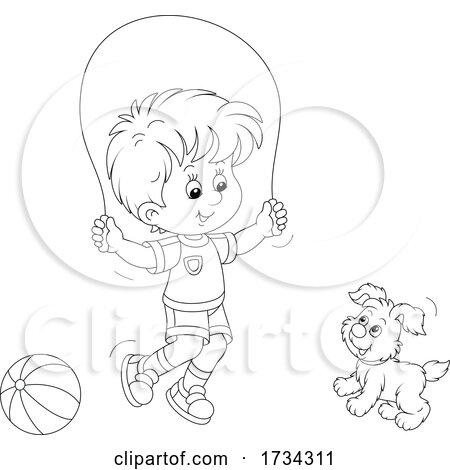 Black and White Little Boy Playing with His Pup and Jump Roping by Alex Bannykh
