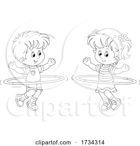 Black and White Little Boy and Girl Exercising with Hula Hoops by Alex Bannykh