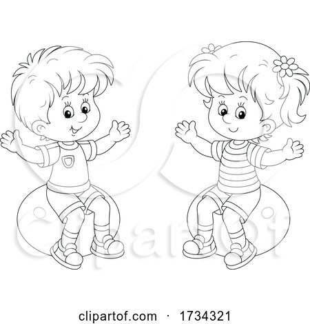 Black and White Little Boy and Girl Sitting on Exercise Balls by Alex Bannykh