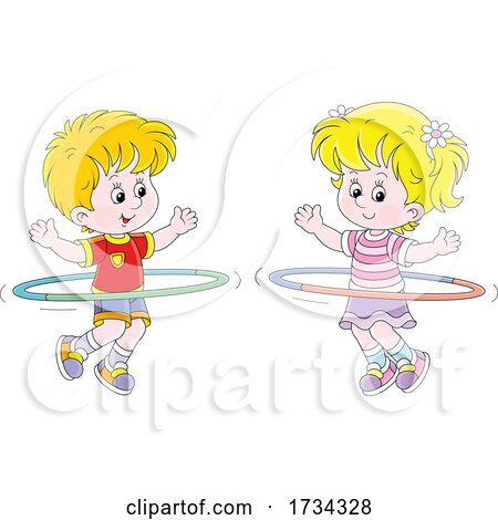 Little Boy and Girl Exercising with Hula Hoops by Alex Bannykh
