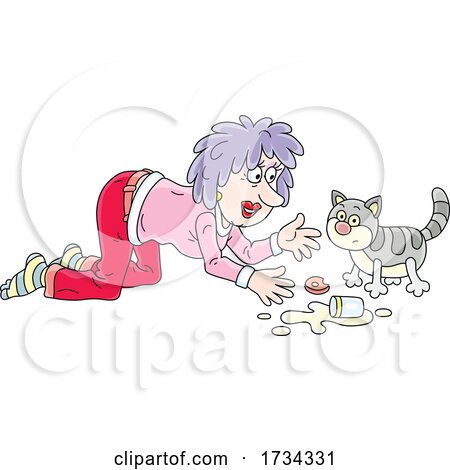 Woman Talking to a Kitty Cat After Spilling Milk Posters, Art Prints by ...