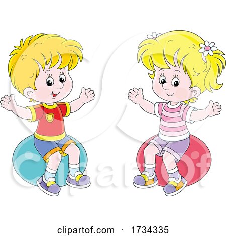 Little Boy and Girl Sitting on Exercise Balls by Alex Bannykh