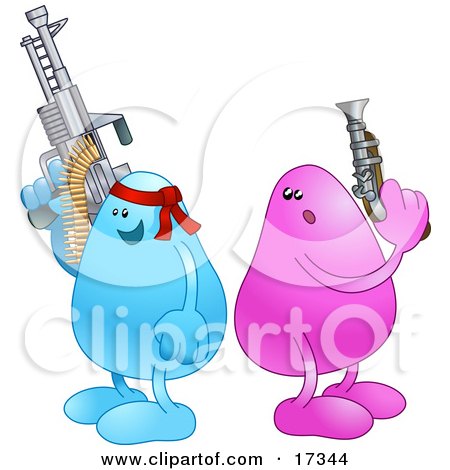 Blue Bean Character Wearing A Read Headband And Holding A Big Machine Gun While A Disadvantaged Pink Bean Character Holds A Puny Little Gun Clipart Illustration by AtStockIllustration