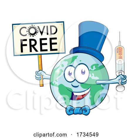 Happy Earth Mascot Holding a Vaccine and Covid Free Sign by Domenico Condello