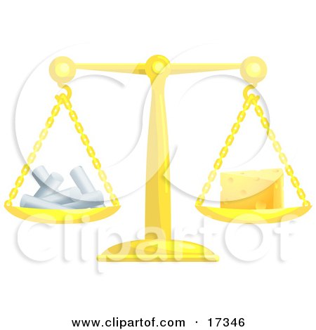 Golden Scale Balanced With Chalk On The Left Side And A Wedge Of Swiss Cheese On The Right Side Clipart Illustration by AtStockIllustration