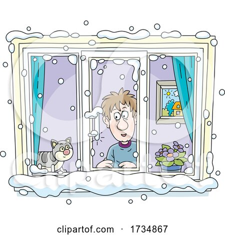 Man and His Cat Looking out Through a Winter Window by Alex Bannykh