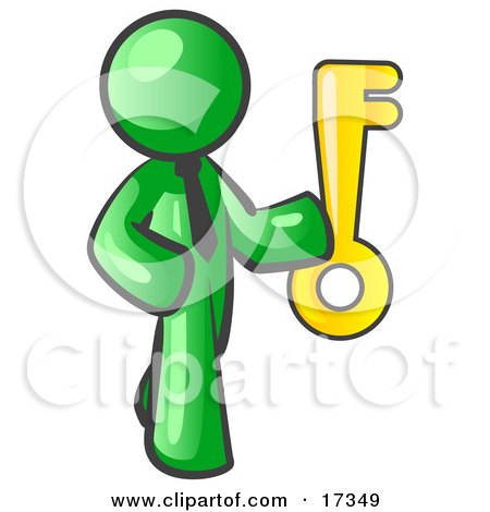 Royalty-Free People Clipart Picture Of A Lime Green Businessman Holding A Large Golden Skeleton Key, Symbolizing Success Clipart Illustration by Leo Blanchette