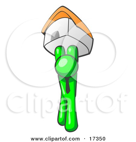 Lime Green Man Holding Up A House Over His Head, Symbolizing Home Loans and Realty Clipart Illustration by Leo Blanchette