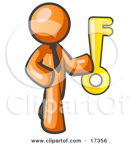 Orange Businessman Holding A Large Golden Skeleton Key, Symbolizing Success Clipart Illustration by Leo Blanchette
