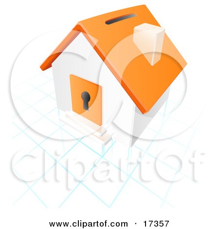 Orange And White House With A Coin Slot On The Roof And A Keyhole in the Door Over a Blue and White Grid Clipart Illustration by Leo Blanchette