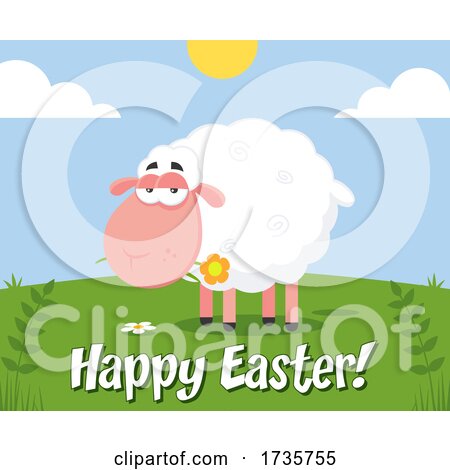 Sheep Chewing on a Flower with Happy Easter Text by Hit Toon