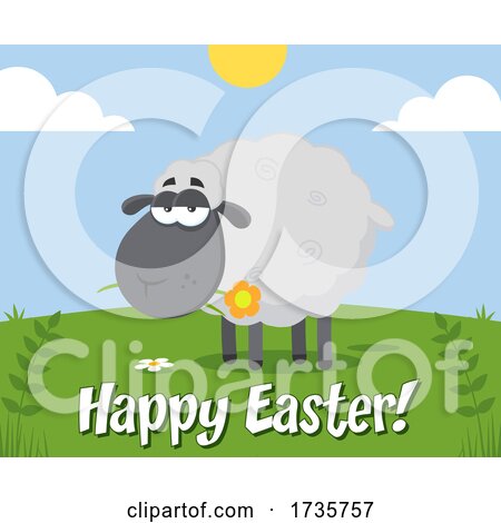 Black Sheep Chewing on a Flower with Happy Easter Text by Hit Toon