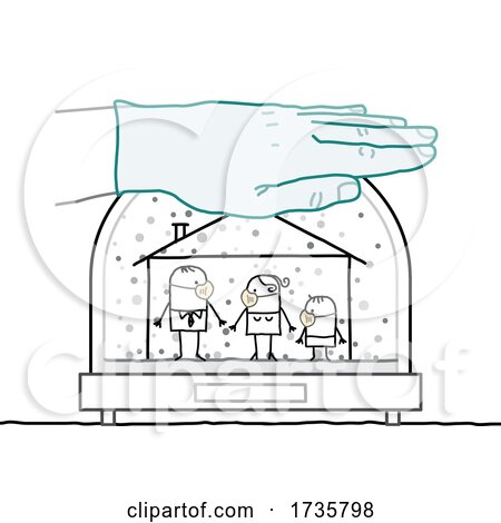 Gloved Hand Protecting a Stick Family Wearing Masks in a Snowglobe by NL shop