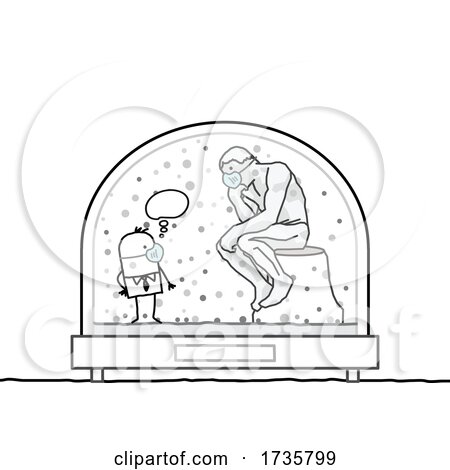 Stick Man Wearing a Mask and Looking at a Statue in a Snowglobe by NL shop