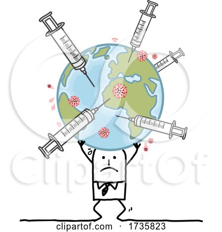 Stick Man Holding up a Heavy Earth wIth Vaccine Syringes by NL shop