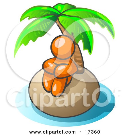 Orange Man Sitting All Alone With A Palm Tree On A Deserted Island Clipart Illustration by Leo Blanchette