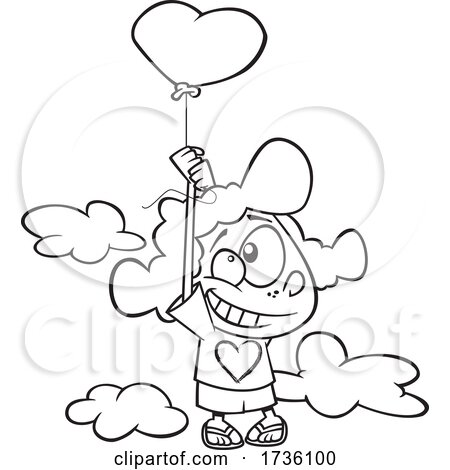 Cartoon Black and White Girl Floating with a Heart Balloon by toonaday
