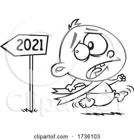 Cartoon Black and White New Year Baby Running from 2021 in Fear by toonaday