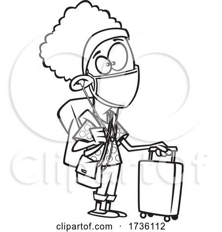 Cartoon Black and White Girl Wearing a Mask and Traveling During Covid by toonaday