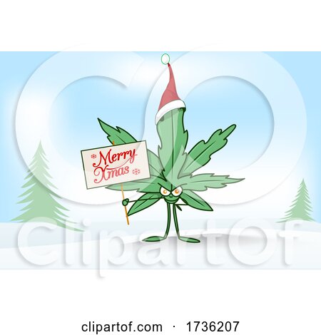 Cannabis Marijuana Pot Leaf Character Holding a Merry Christmas Sign by Domenico Condello