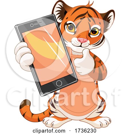 Cute Tiger Cub Holding out a Smart Phone or Tablet by Pushkin
