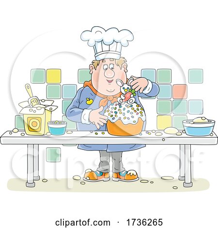 Chubby Male Chef Making an Easter Cake by Alex Bannykh