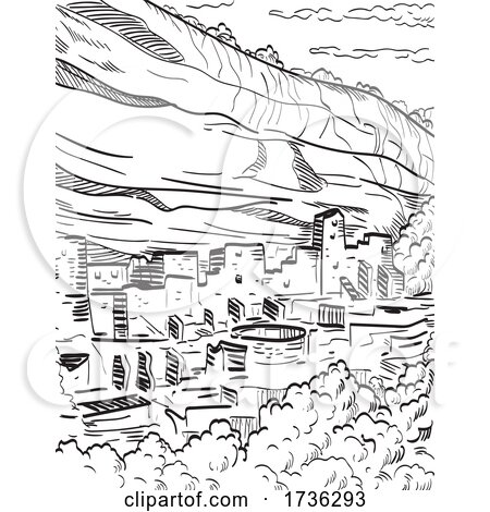 Mesa Verde National Park in Colorado with Puebloan Cliff Dwellings Woodcut Black and White by patrimonio